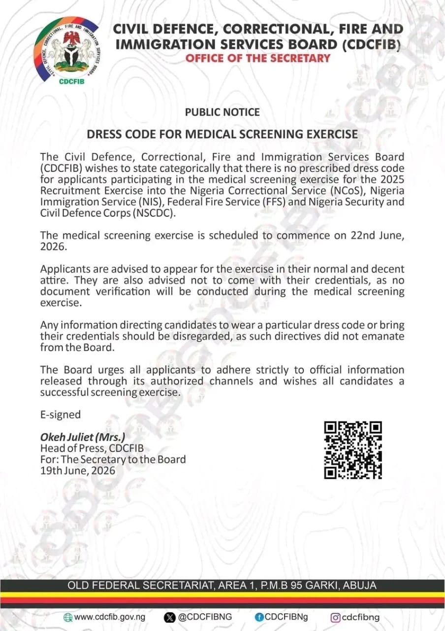 CDCFIB Clarifies Dress Code for 2025 Recruitment Medical Screening, Says Exercise Begins June 22
