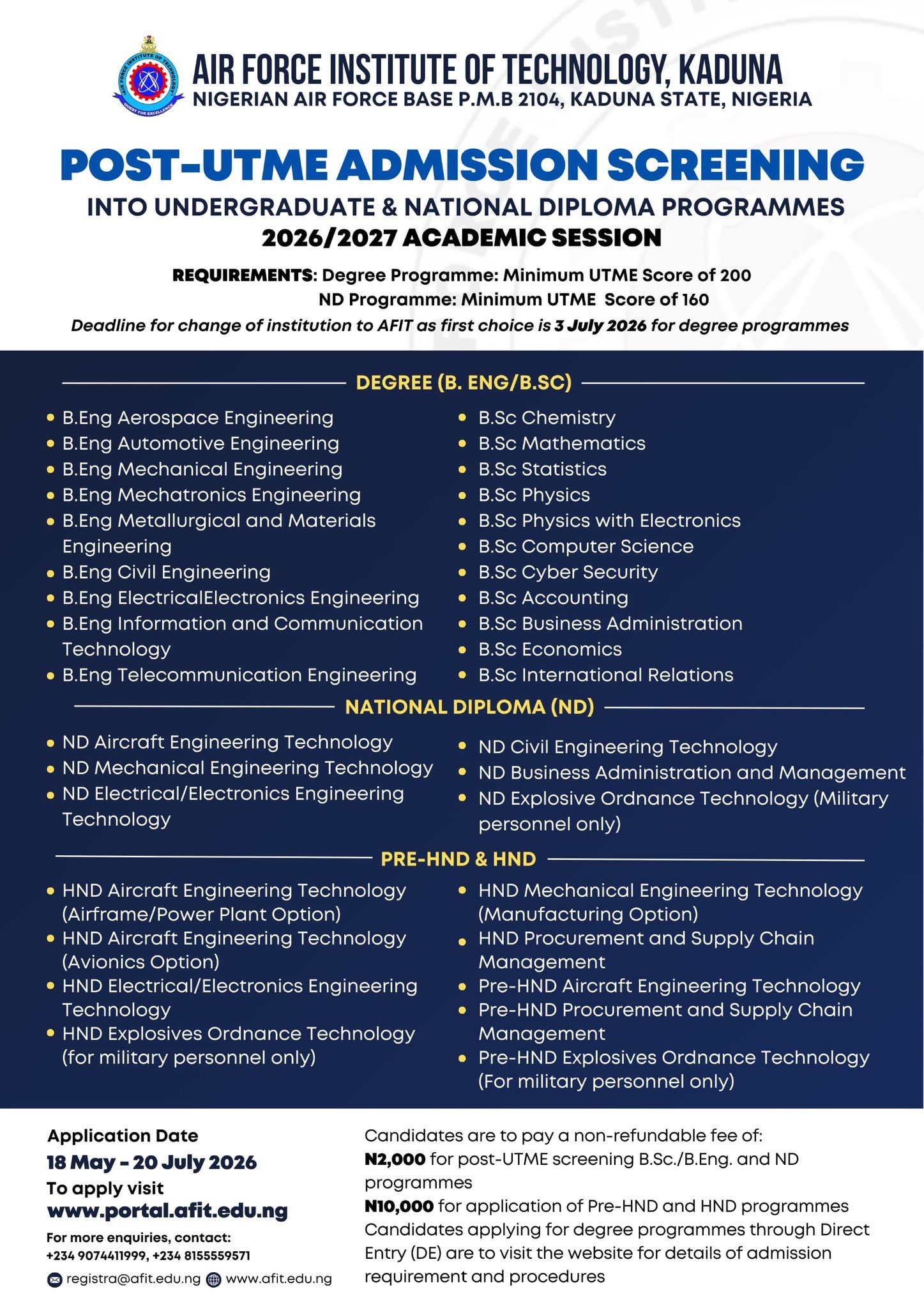 AFIT Opens Admission Screening for 2026/2027 Academic Session