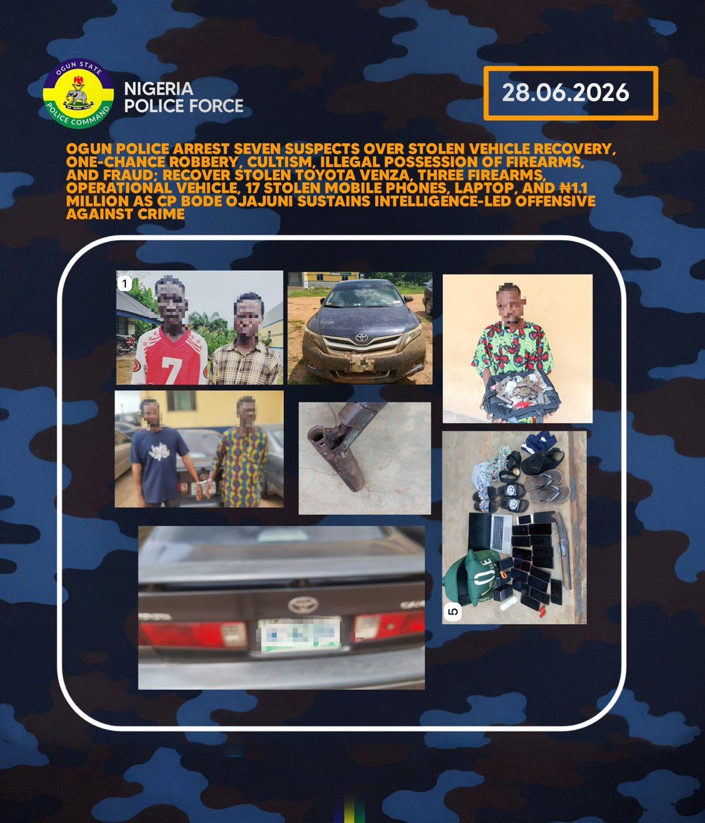 Ogun Police Arrest Seven Suspects, Recover Stolen Toyota Venza, Firearms, Operational Vehicle, Phones, Laptop, and ₦1.1 Million